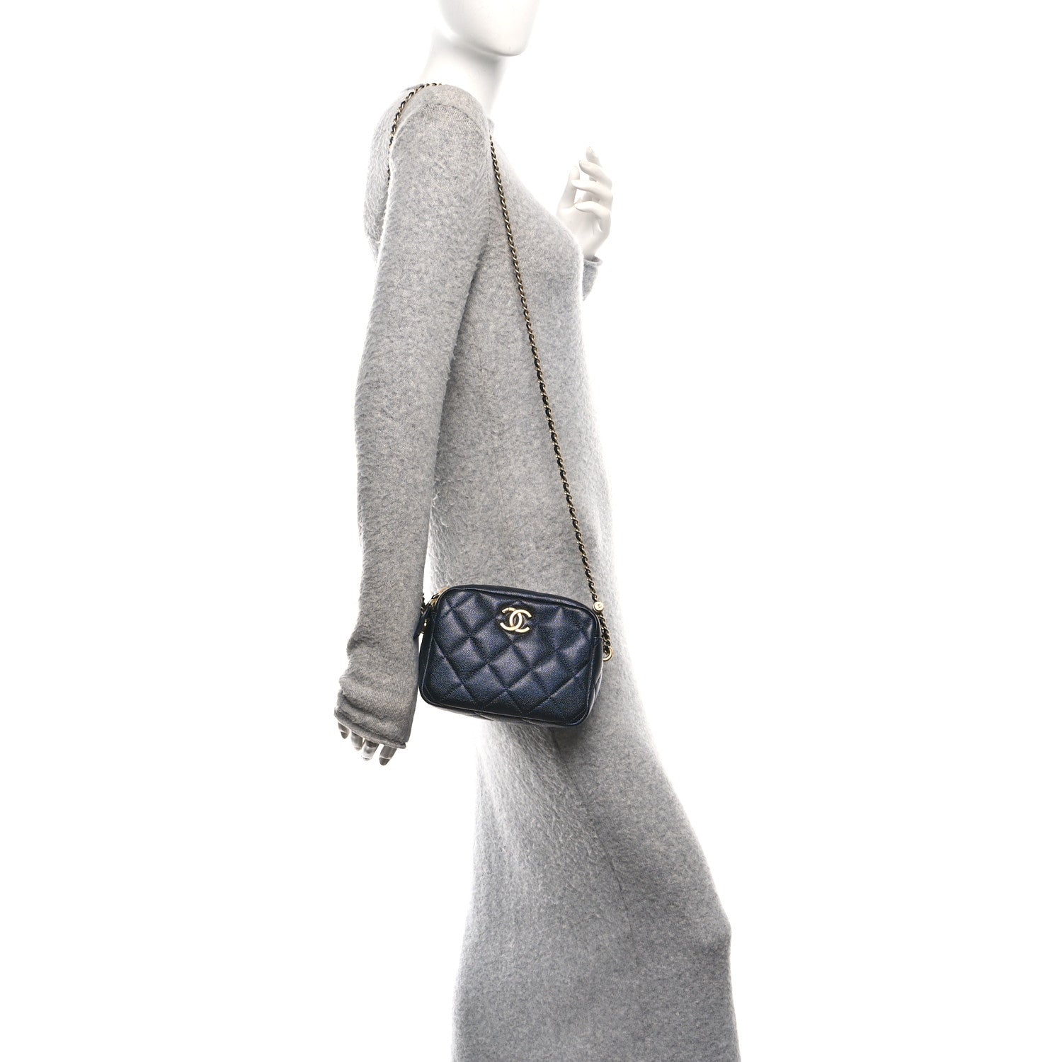 Chanel Shiny Caviar Quilted Chain Melody Camera Bag Dark Blue