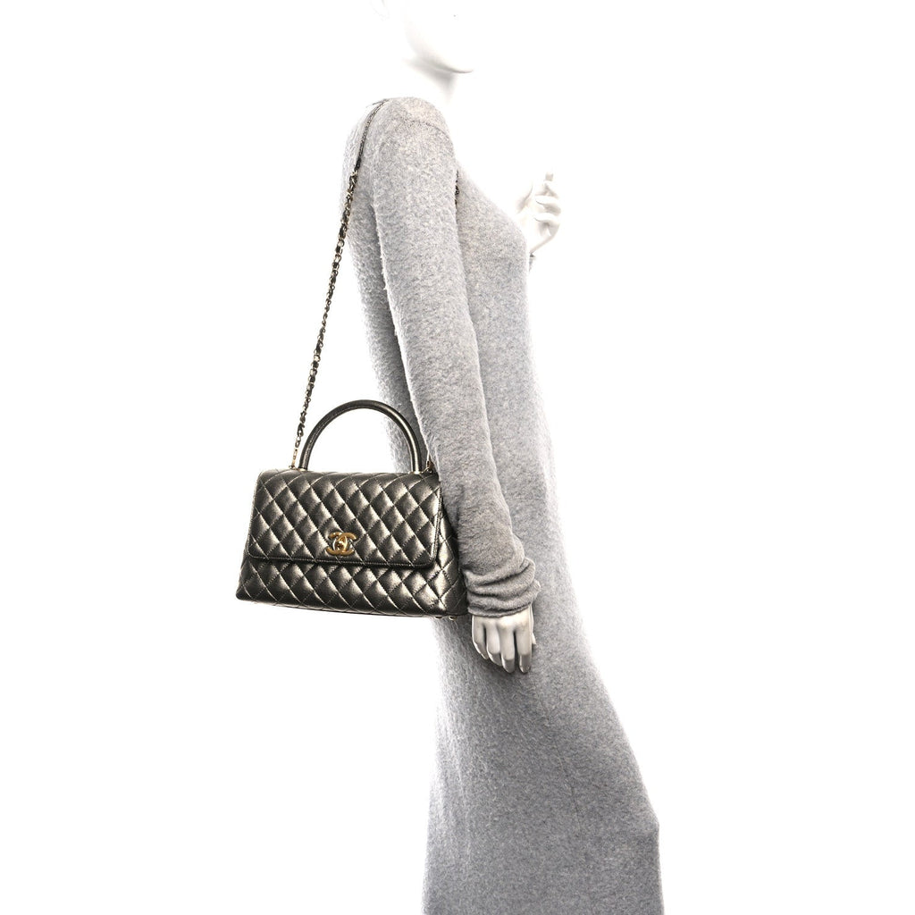 Chanel Metallic Caviar Quilted Small Coco Handle Flap Silver