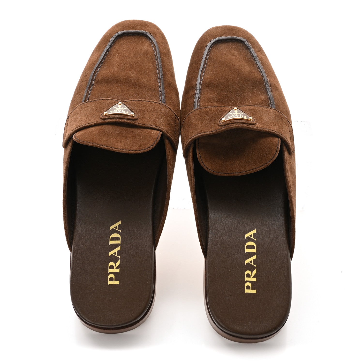 Prada Suede Metal Triangle Logo 10mm Loafer Mules 40 Cannella