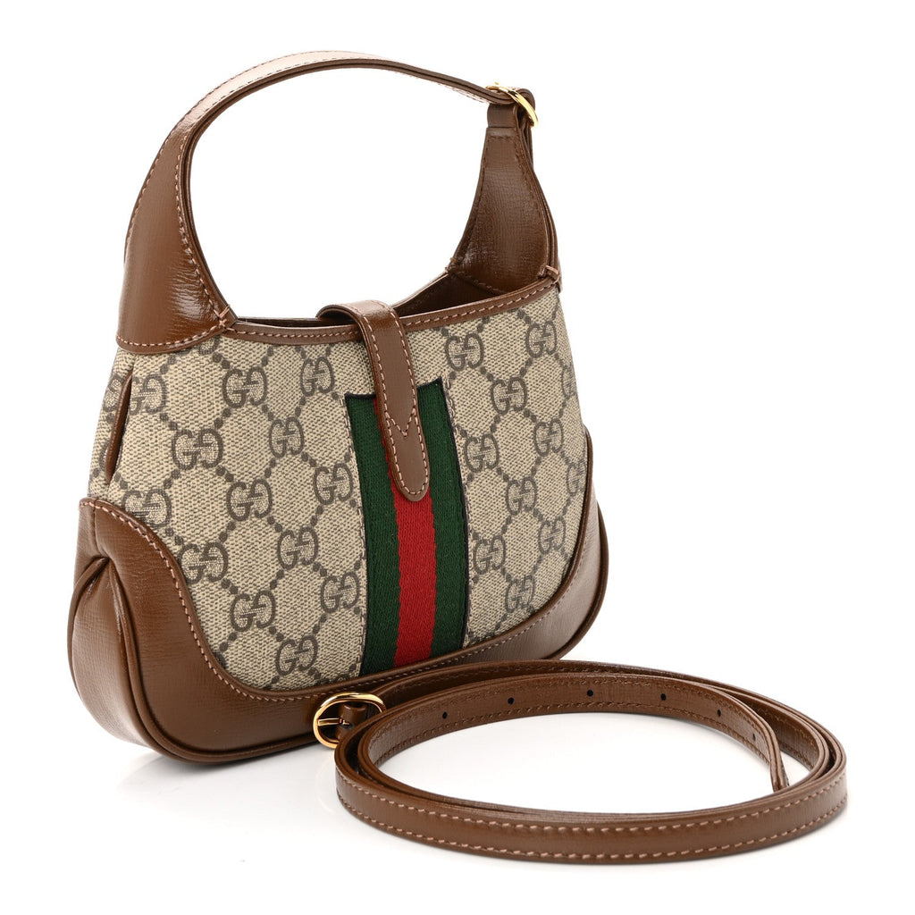 Gucci GG Supreme Monogram Azalea Calfskin Web Mini Jackie 1961 Hobo Beige Ebony Brown Sugar