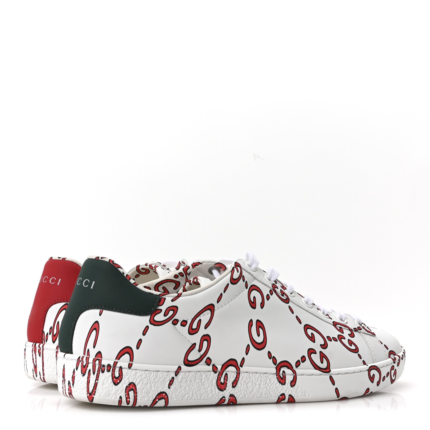 Gucci Calfskin GucciGhost Print Womens Ace Sneakers 40.5 White Hibiscus Red