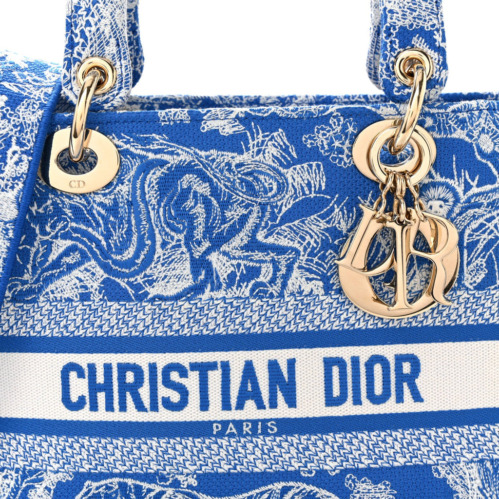 Christian Dior Canvas Toile De Jouy Reverse Embroidered Medium Lady D-Lite Fluorescent Blue