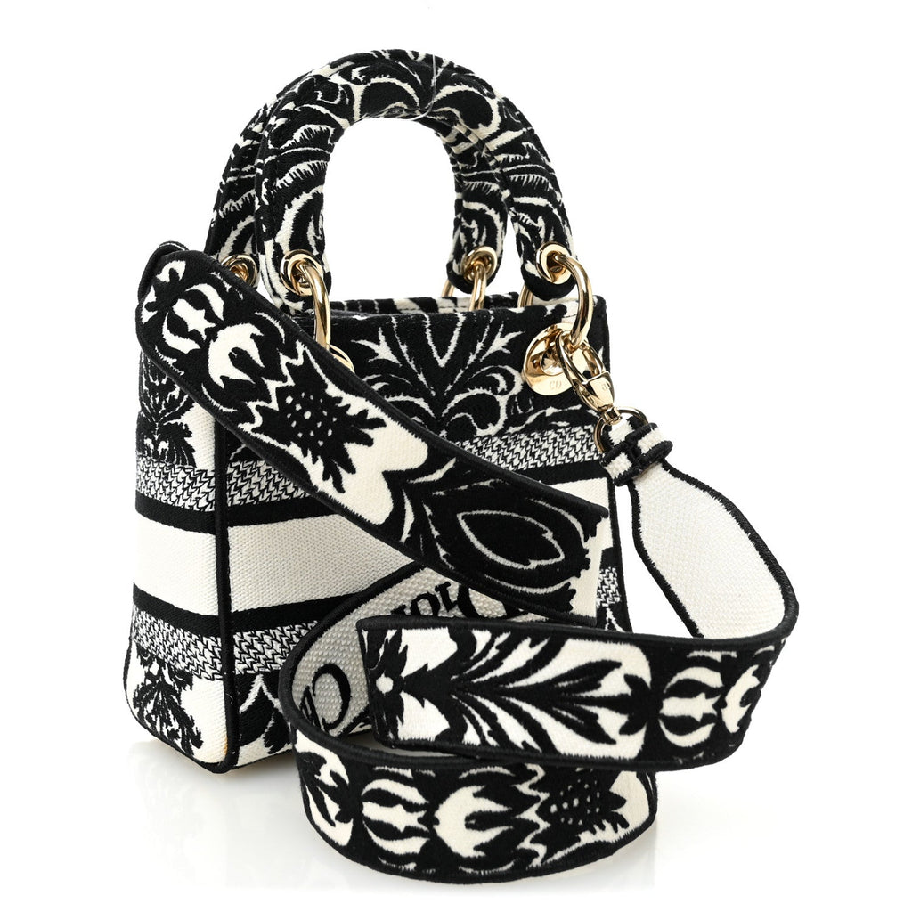 Christian Dior Canvas Petites Fleurs Embroidered Mini Lady D-Lite Black White