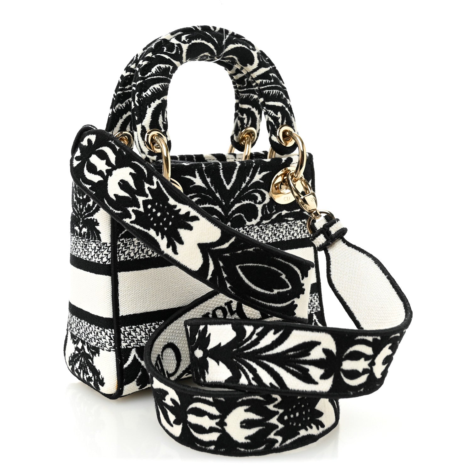 Christian Dior Canvas Petites Fleurs Embroidered Mini Lady D-Lite Black White