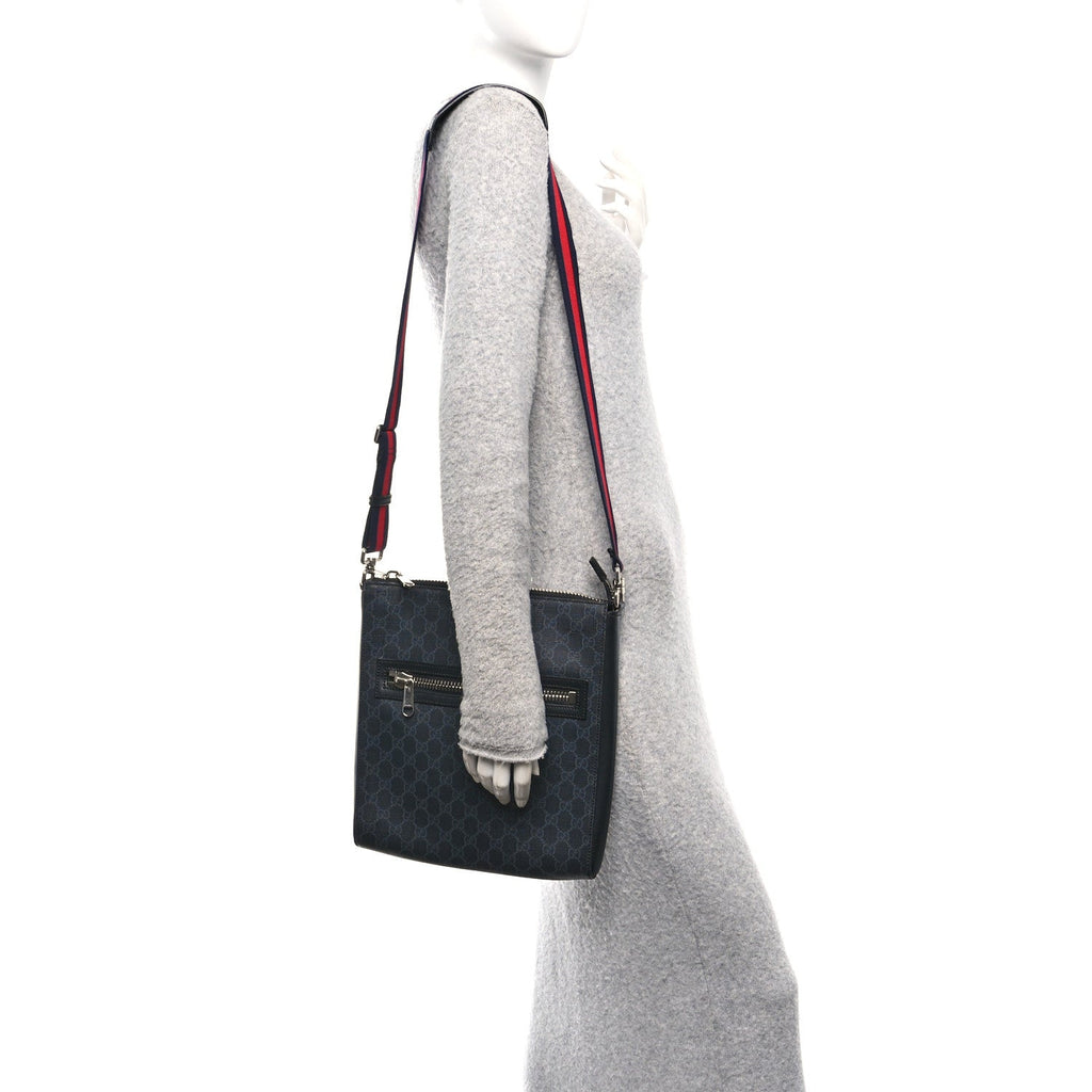 Gucci GG Supreme Monogram Appia Calfskin Web Flat Messenger Bag Black Grey