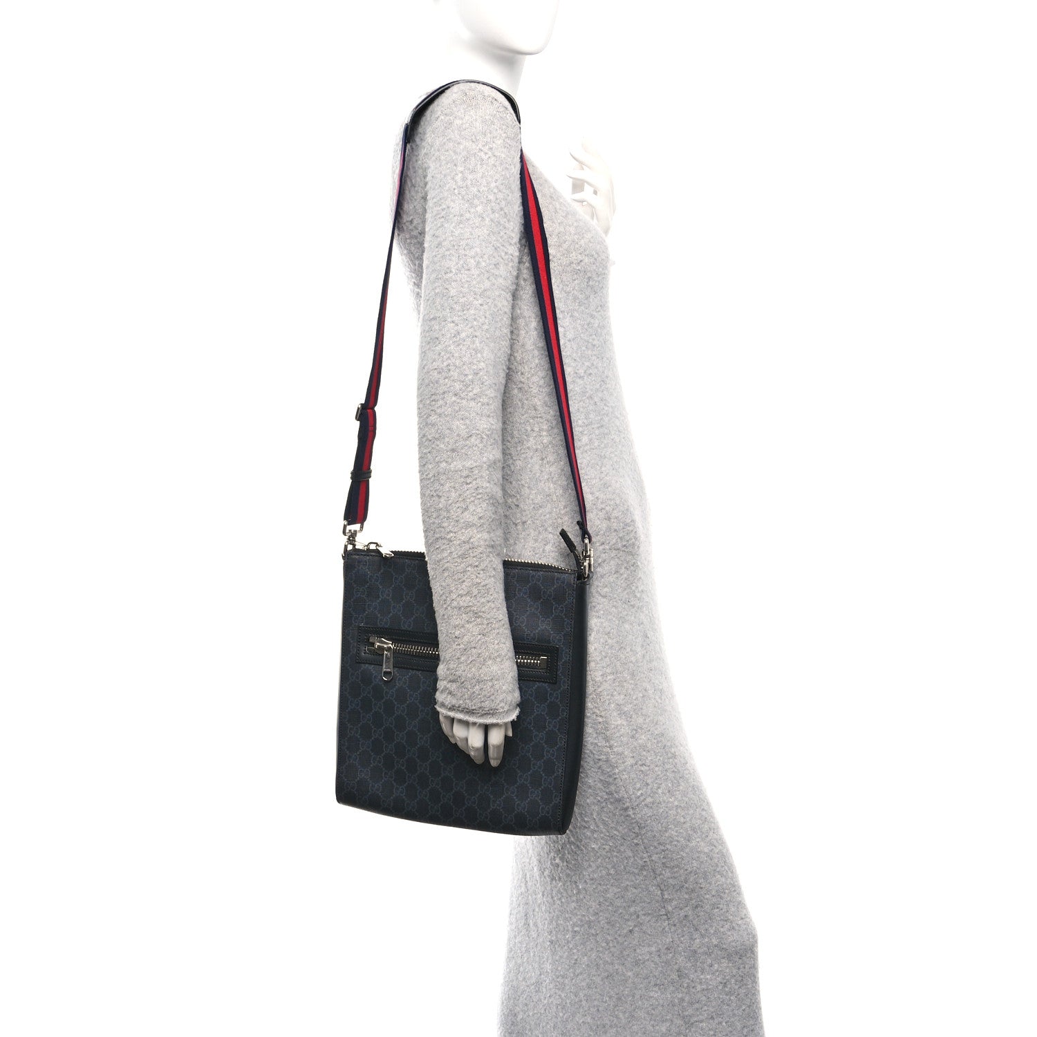 Gucci GG Supreme Monogram Appia Calfskin Web Flat Messenger Bag Black Grey