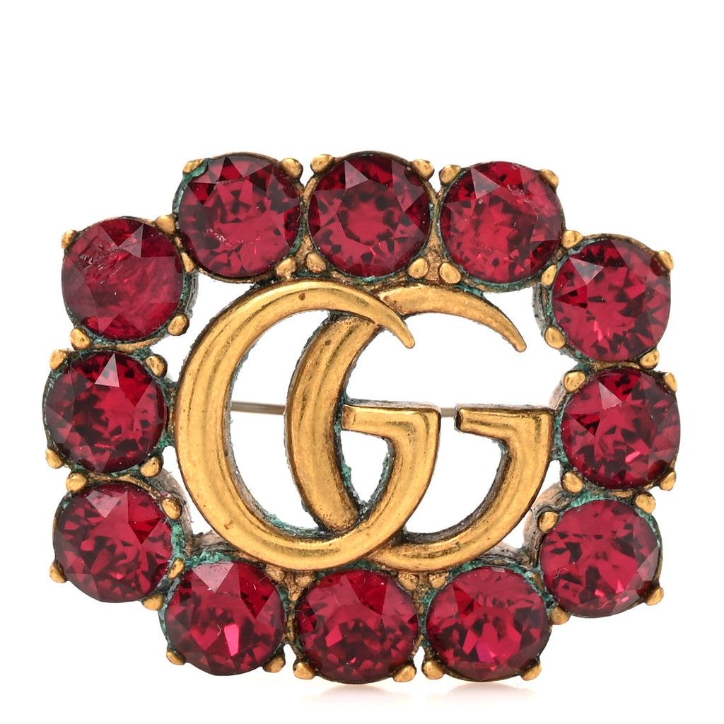 Gucci Metal Crystal Double G Brooch Aged Gold Red