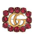 Gucci Metal Crystal Double G Brooch Aged Gold Red