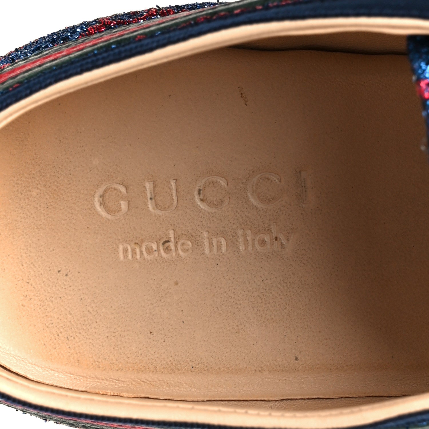 Gucci Lurex Calfskin Web GG Monogram Mens Falacer Sneakers 8.5 Iridescent Blue Iridescent Red Silver
