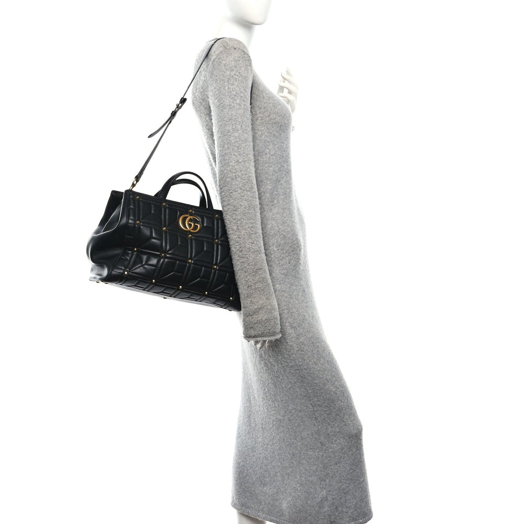 Gucci Calfskin Matelasse Studded Medium GG Marmont Tote Black