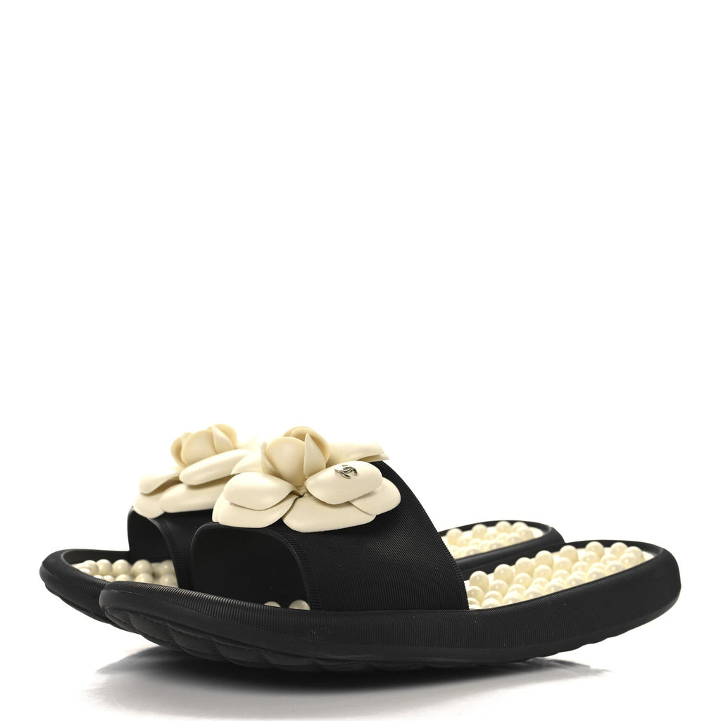 Chanel Thermoplastic PVC Camellia Mule Sandals 36 Black Ivory