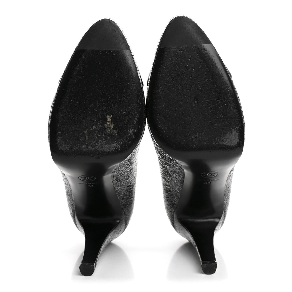 Metallic Crackled Calfskin Patent Cap Toe Pumps 41 Silver Black