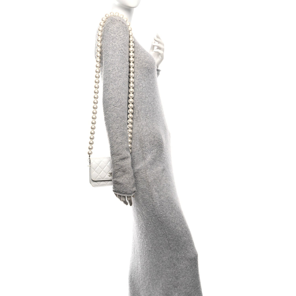 Chanel Lambskin Quilted Mini Pearl Wallet On Chain WOC White
