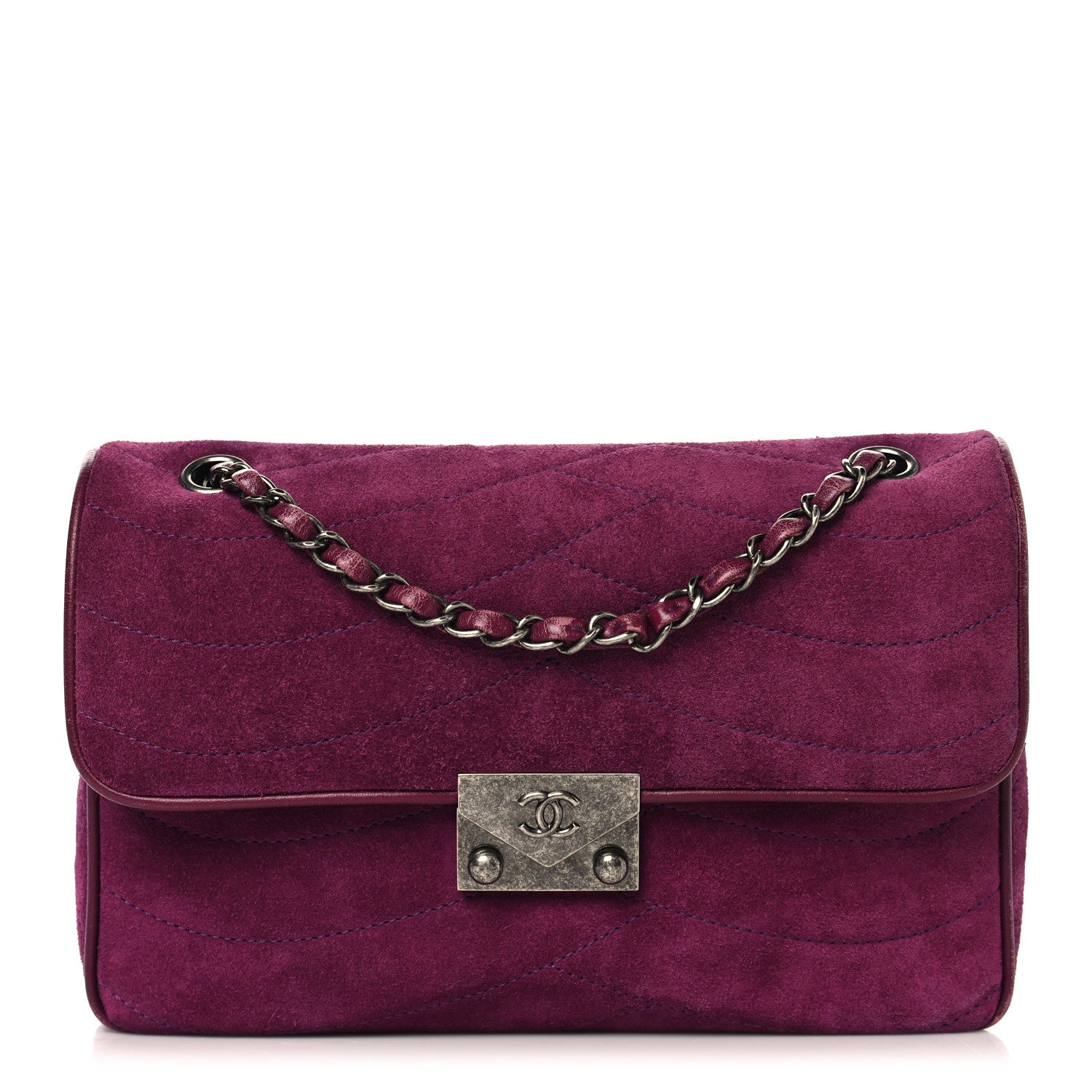 Chanel Suede Lambskin Scallop Quilted Medium Pagoda Flap Purple