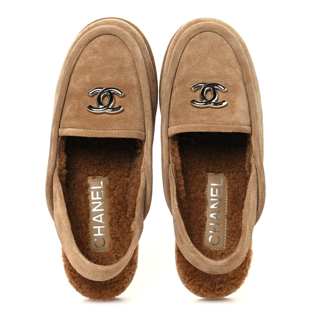 Chanel Suede Calfskin CC Slingback Loafers 35 Dark Beige