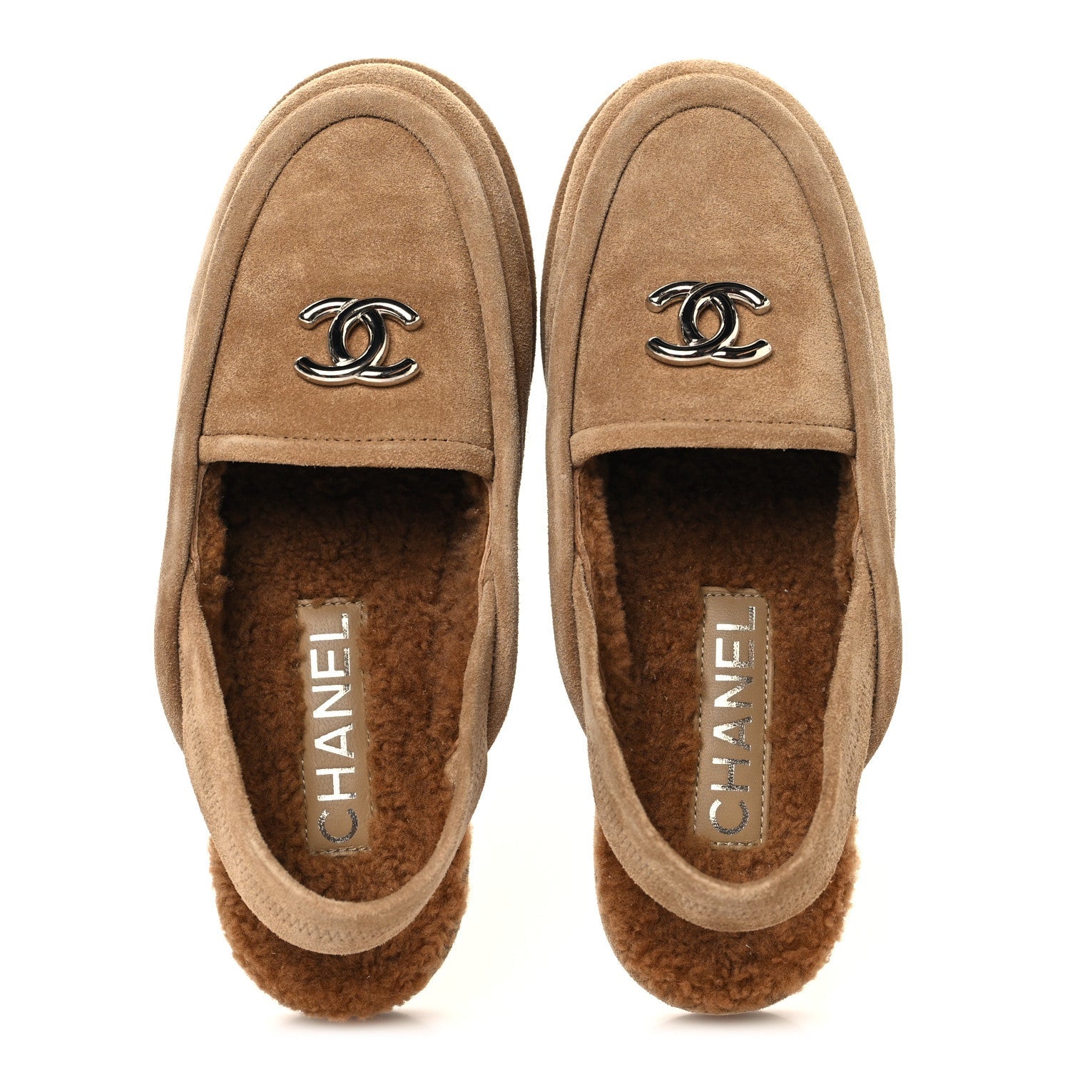 Chanel Suede Calfskin CC Slingback Loafers 35 Dark Beige
