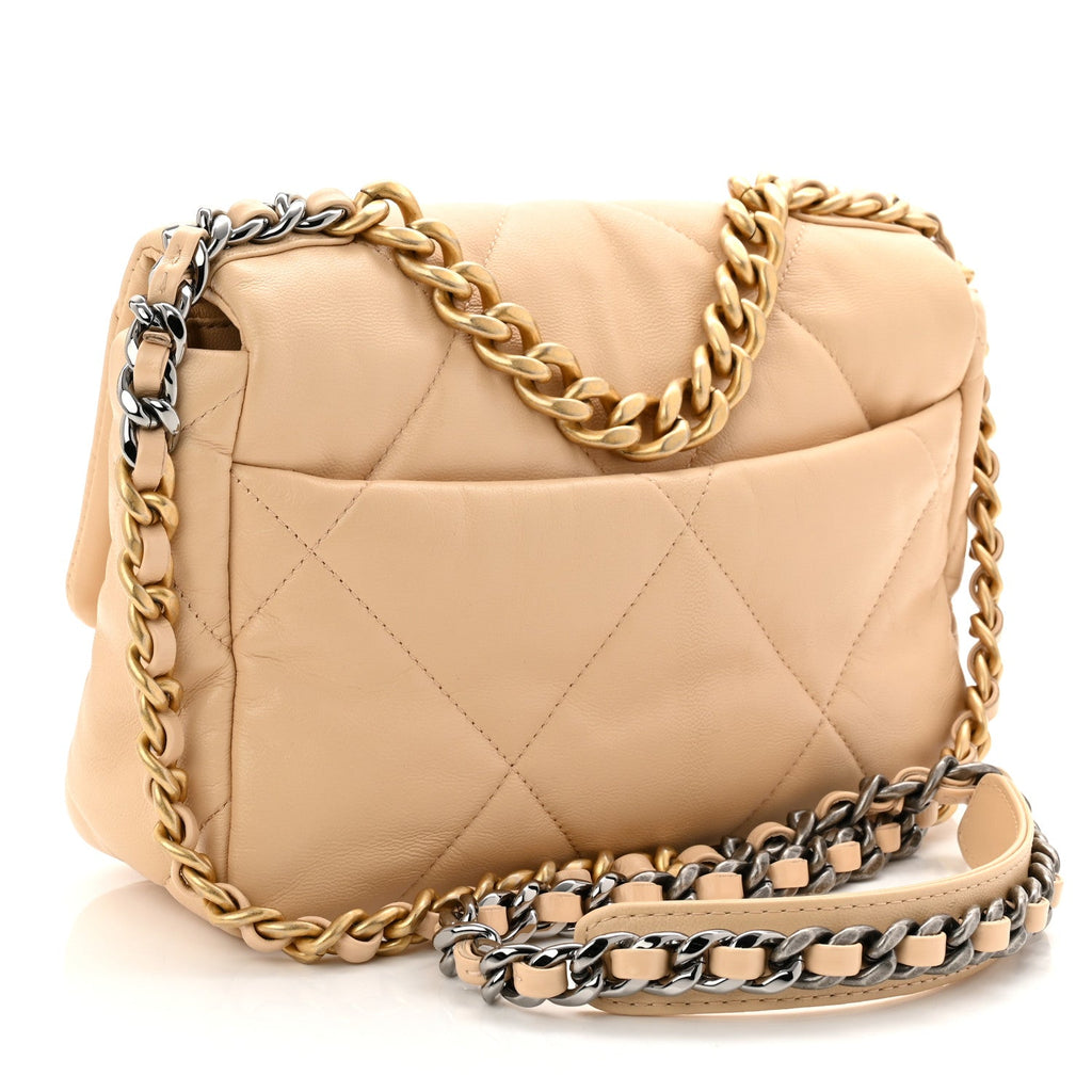 Chanel Shiny Goatskin Quilted Medium Chanel 19 Flap Beige