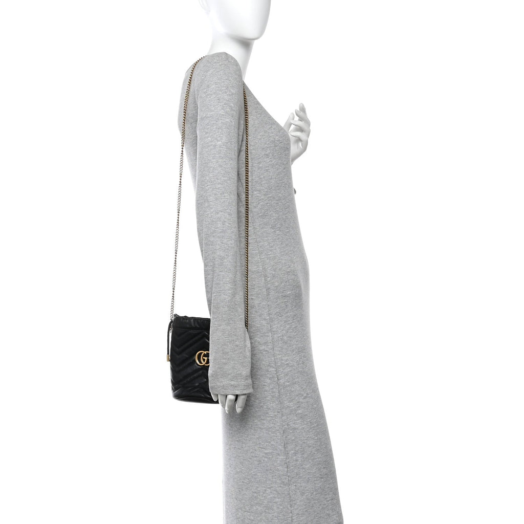 Gucci Calfskin Matelasse Mini GG Marmont 2.0 Bucket Bag Black