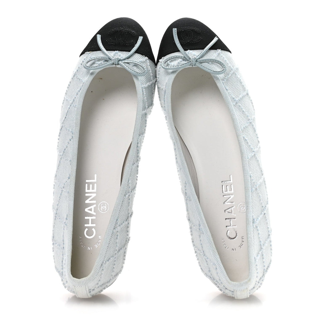 Denim Embroidered Grosgrain CC Cap Toe Ballerina Flats 38.5 Light Blue Black