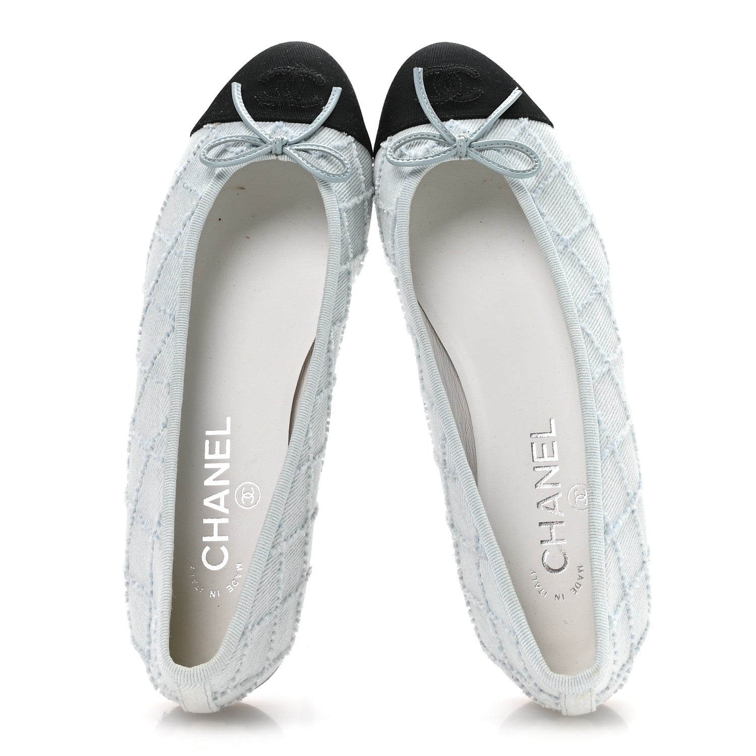 Denim Embroidered Grosgrain CC Cap Toe Ballerina Flats 38.5 Light Blue Black