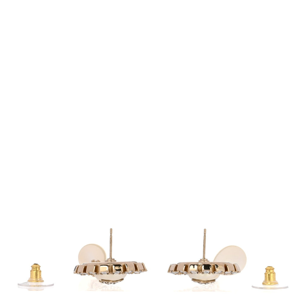 Crystal Pearl Enamel CC Drop Earrings Gold White