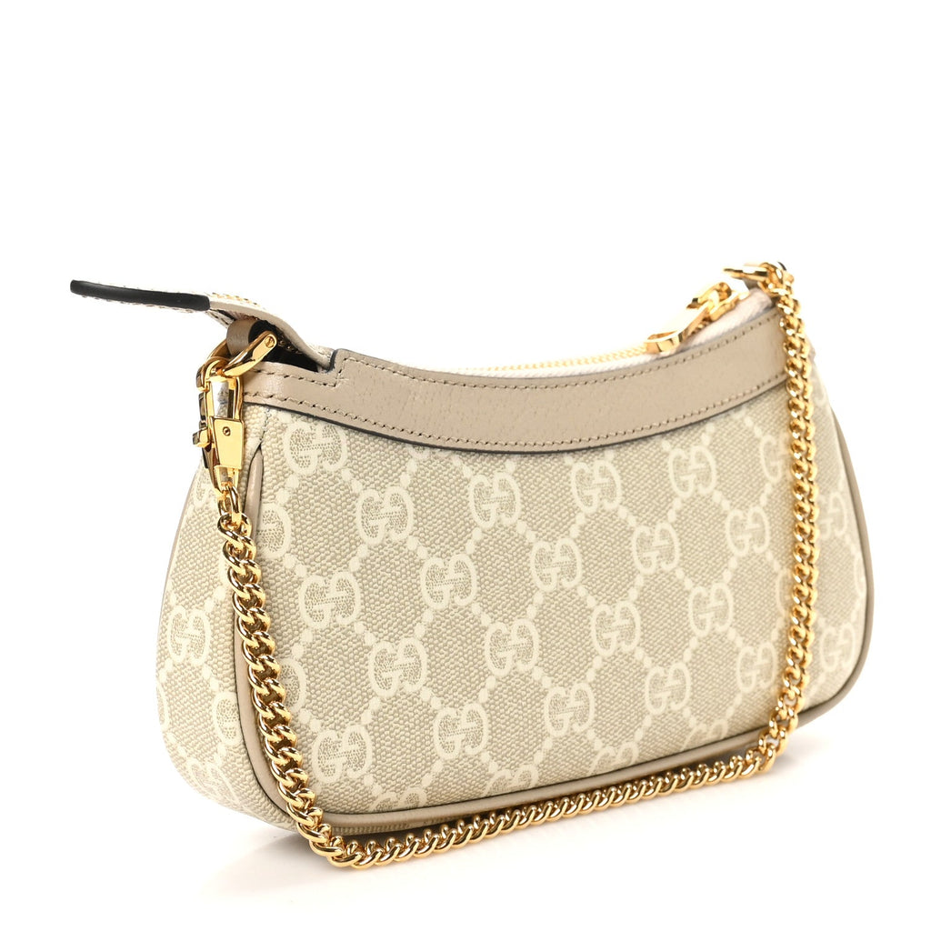 Gucci GG Supreme Monogram Textured Dollar Calfskin Web Mini Ophidia GG Handbag Beige Mystic White Oatmeal
