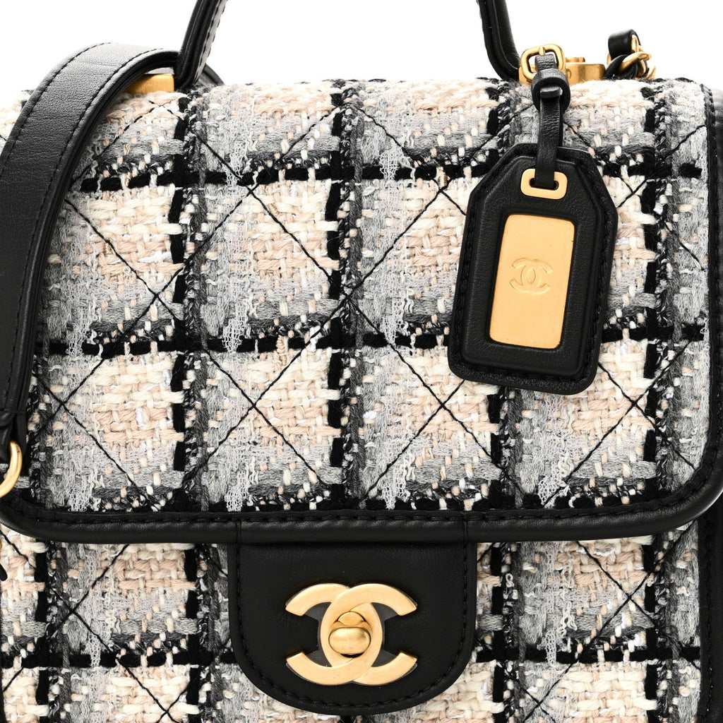 Chanel Tweed Calfskin School Memory Mini Top Handle Flap Ecru Grey Beige Black