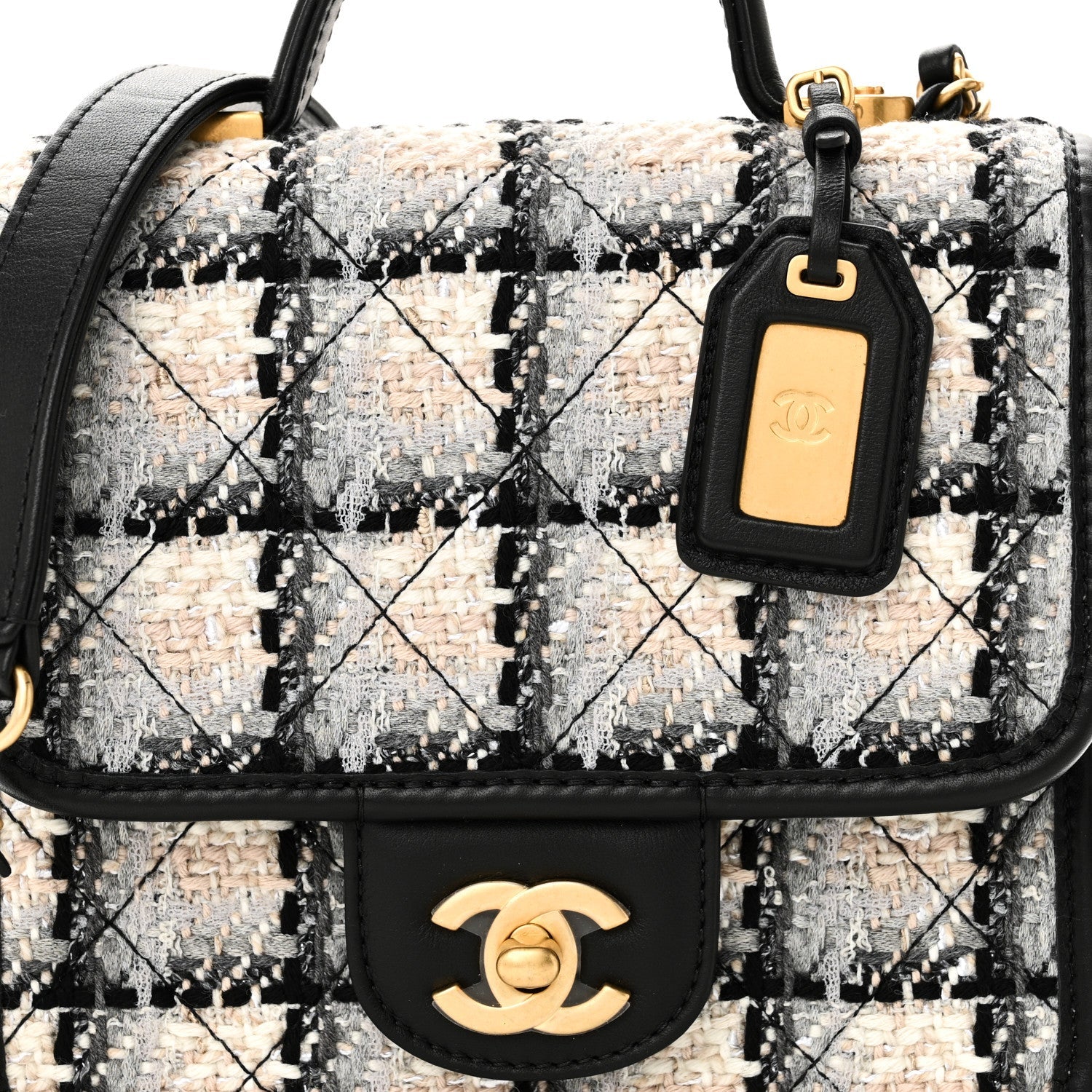 Chanel Tweed Calfskin School Memory Mini Top Handle Flap Ecru Grey Beige Black