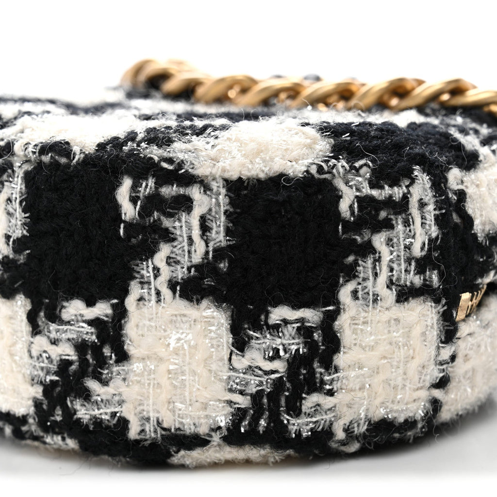 Chanel Wool Tweed Lambskin Quilted Chanel 19 Round Clutch With Chain and Coin Purse Black White