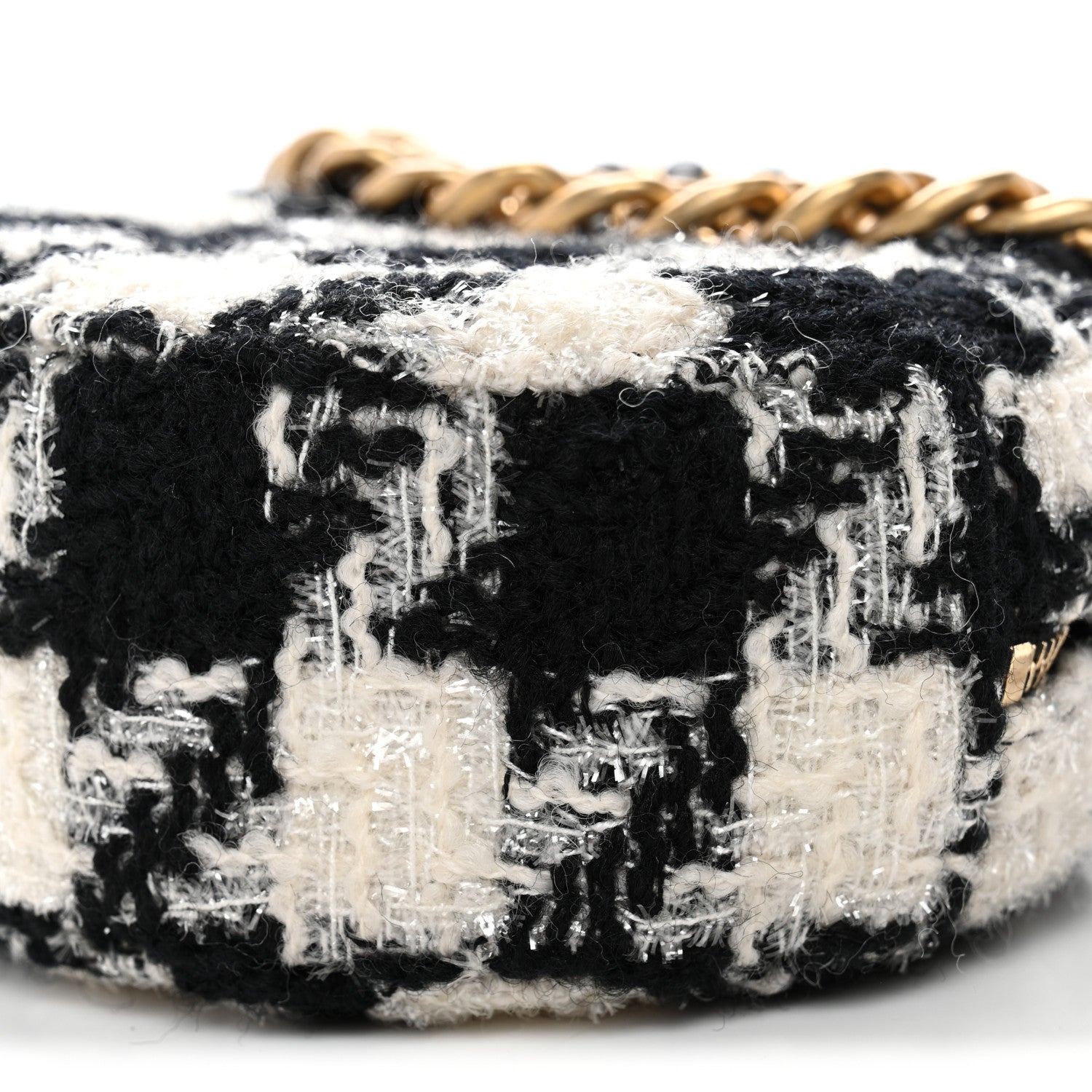 Chanel Wool Tweed Lambskin Quilted Chanel 19 Round Clutch With Chain and Coin Purse Black White