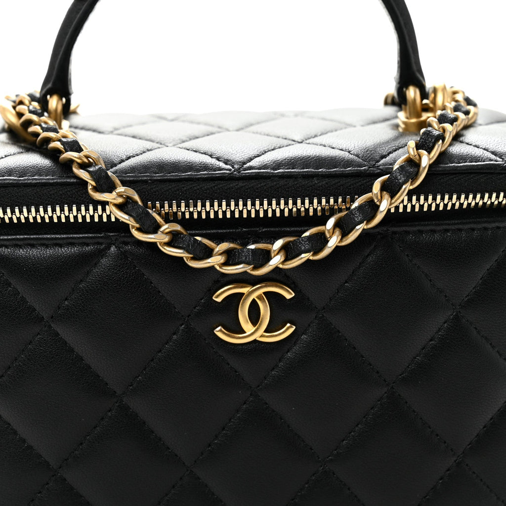 Chanel Lambskin Quilted Metal Small Top Handle Vanity Case With Chain Black
