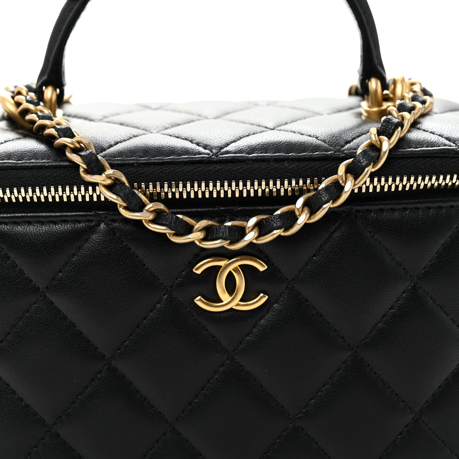 Chanel Lambskin Quilted Metal Small Top Handle Vanity Case With Chain Black