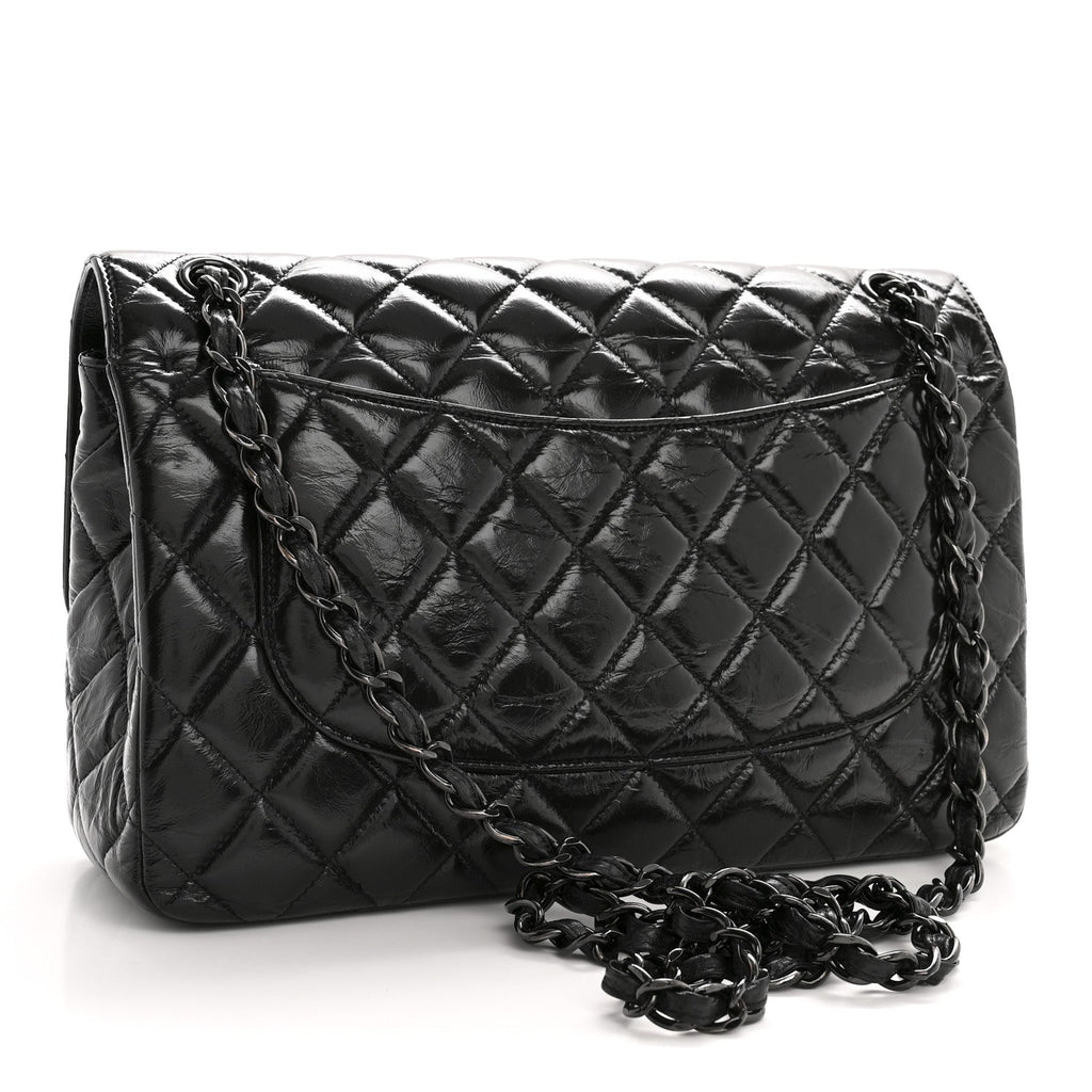Chanel Shiny Crumpled Calfskin Quilted Jumbo Double Flap So Black