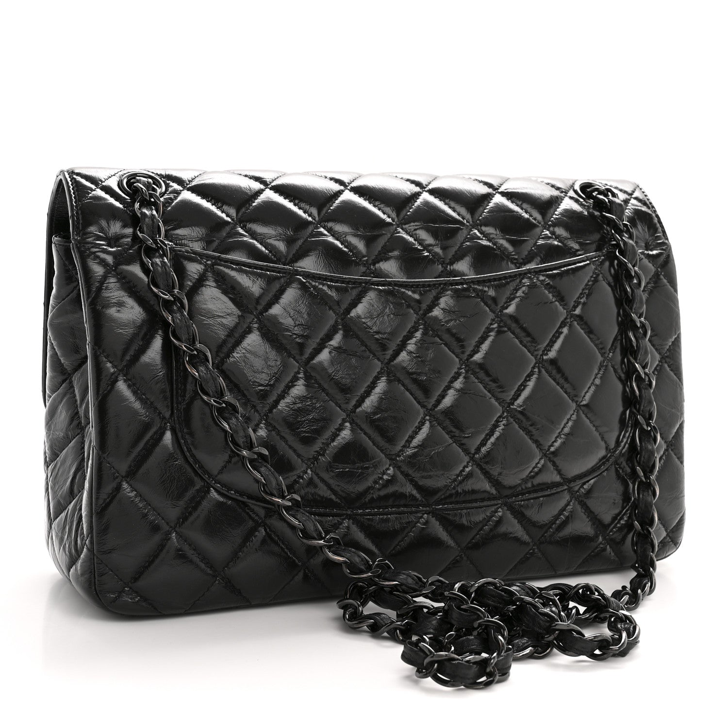 Chanel Shiny Crumpled Calfskin Quilted Jumbo Double Flap So Black