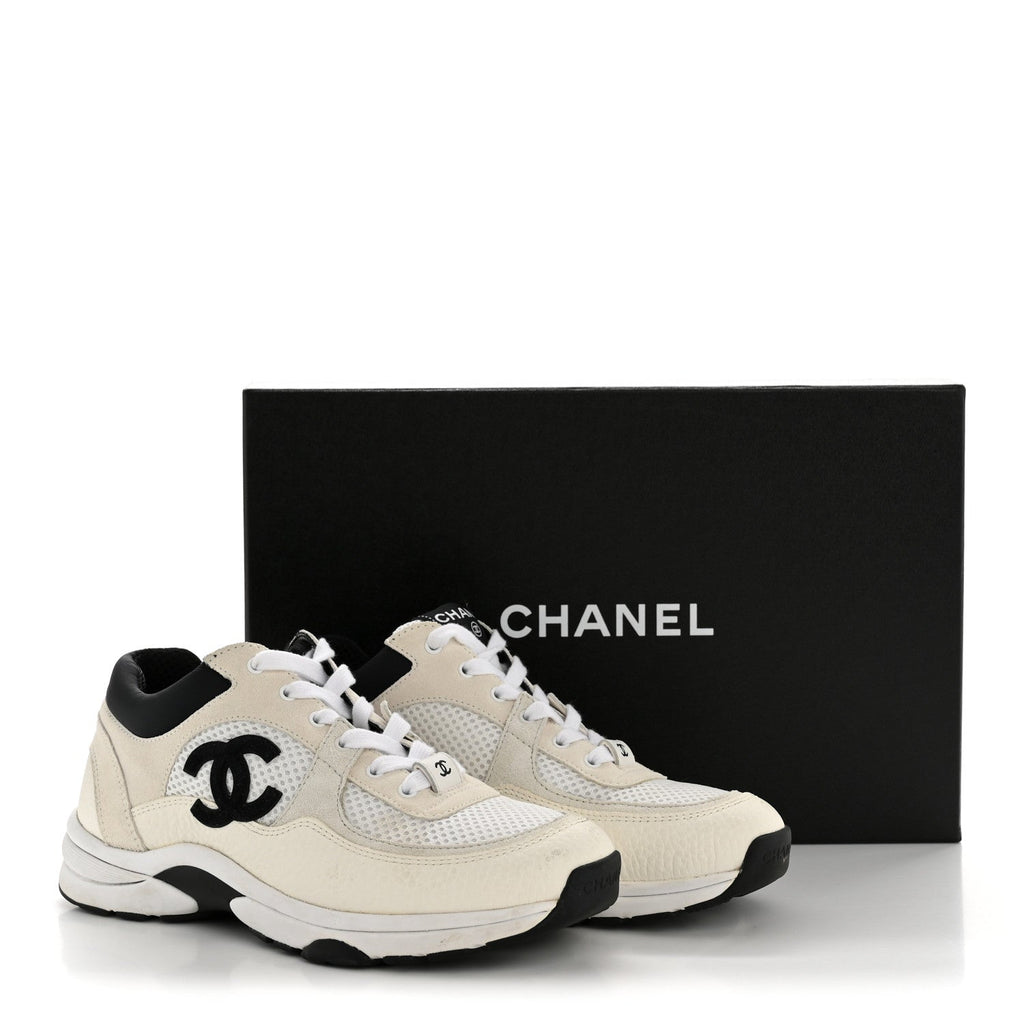 Mesh Suede Grained Calfskin Womens CC Sneakers 36.5 White Black