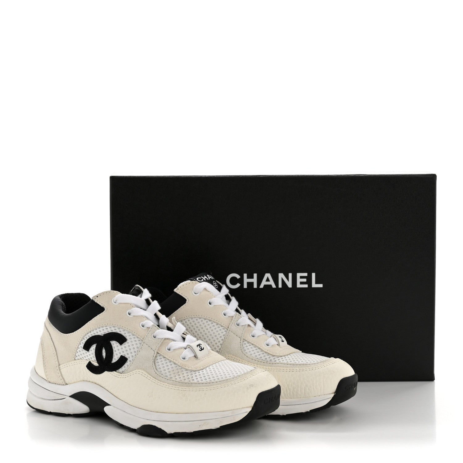 Mesh Suede Grained Calfskin Womens CC Sneakers 36.5 White Black