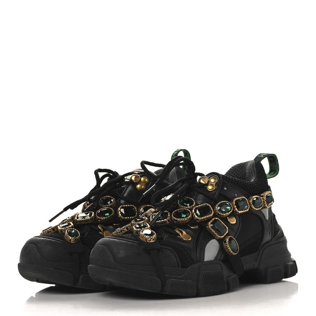 Gucci X SEGA Mesh Suede Calfskin Removable Crystals Womens Flashtrek Sneakers 35.5 Black Silver