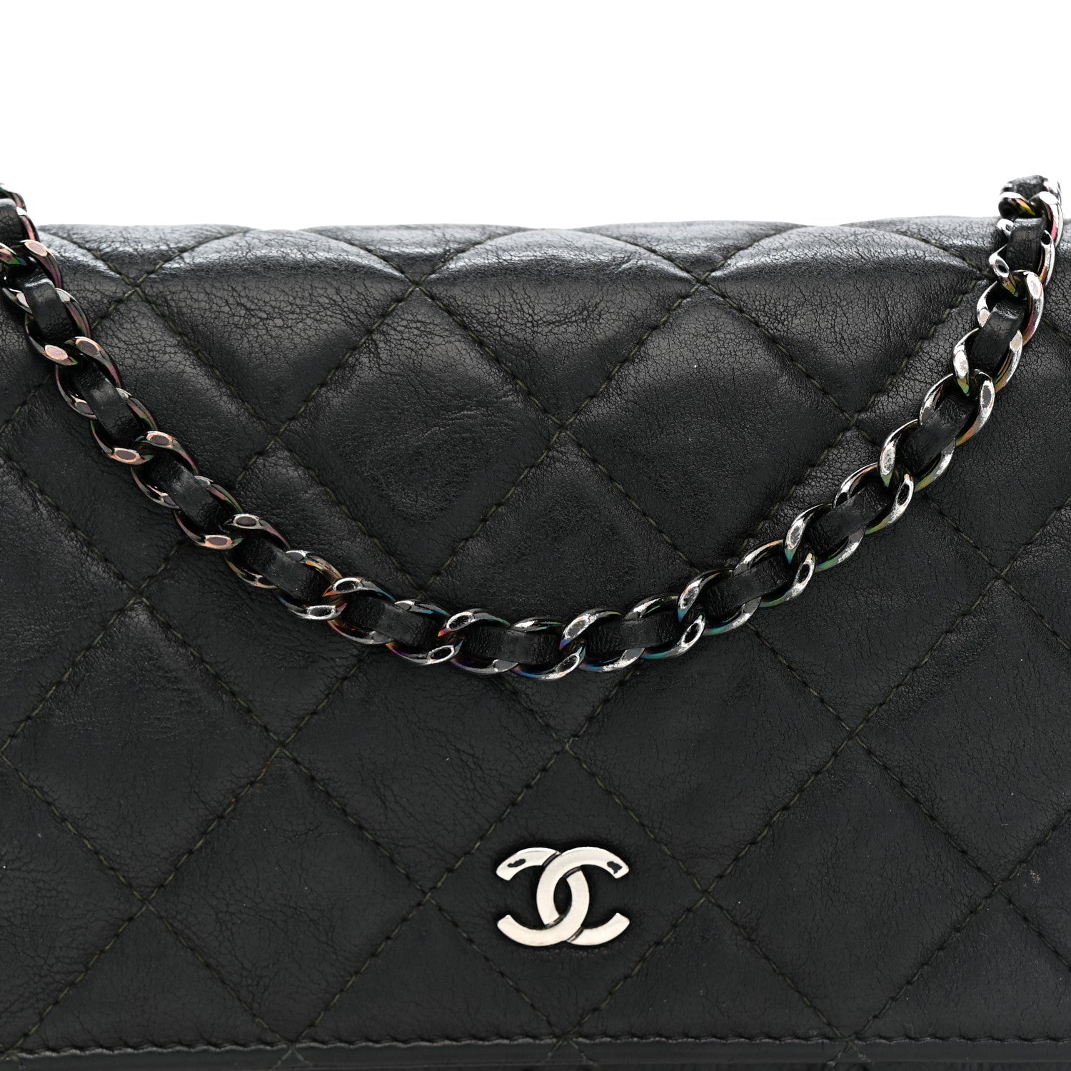 Chanel Crumpled Calfskin Quilted Wallet On Chain WOC So Black