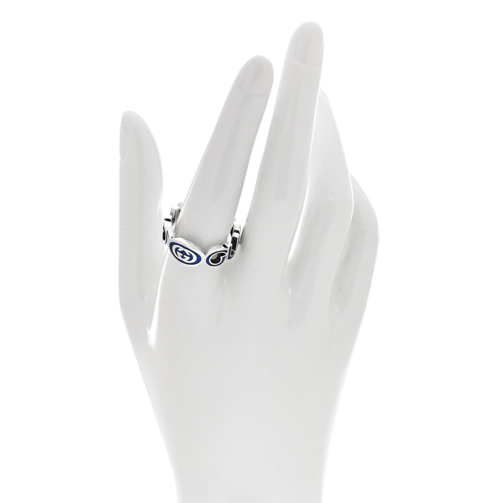 Gucci Sterling Silver Enamel Interlocking G Logo Ring 60 9 Blue
