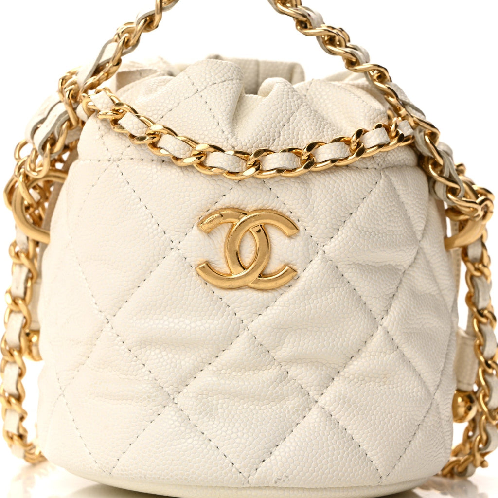 Chanel Caviar Quilted Coco First Bucket Clutch With Chain White