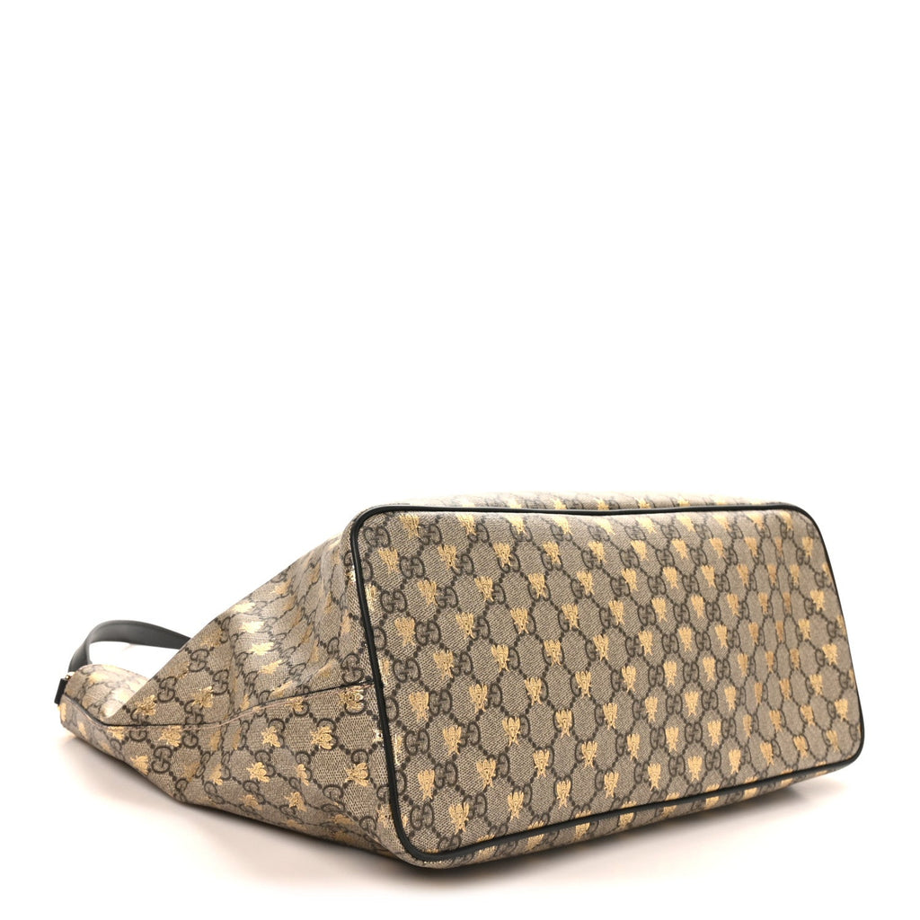 Gucci Soft GG Supreme Monogram Bees Medium Crossbody Tote Beige Oro Black