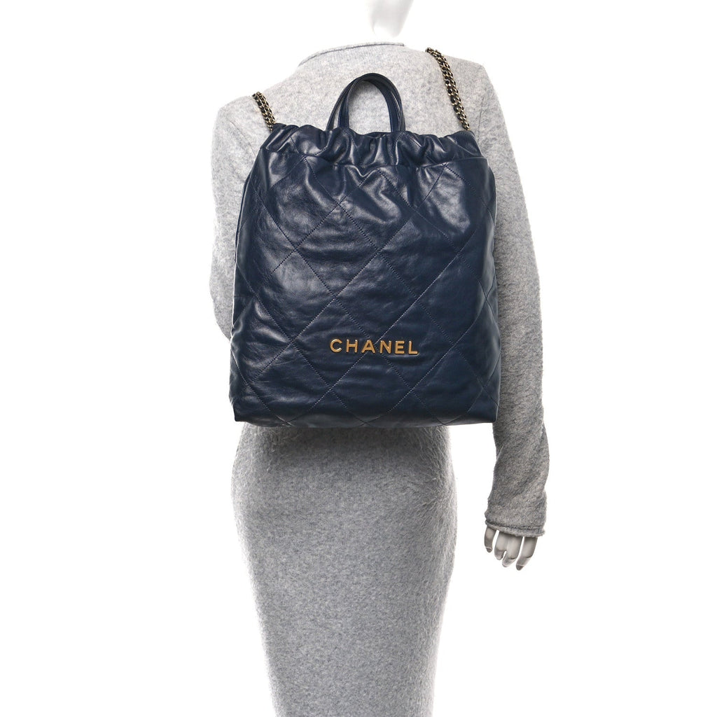 Chanel Shiny Calfskin Quilted Chanel 22 Backpack Dark Blue
