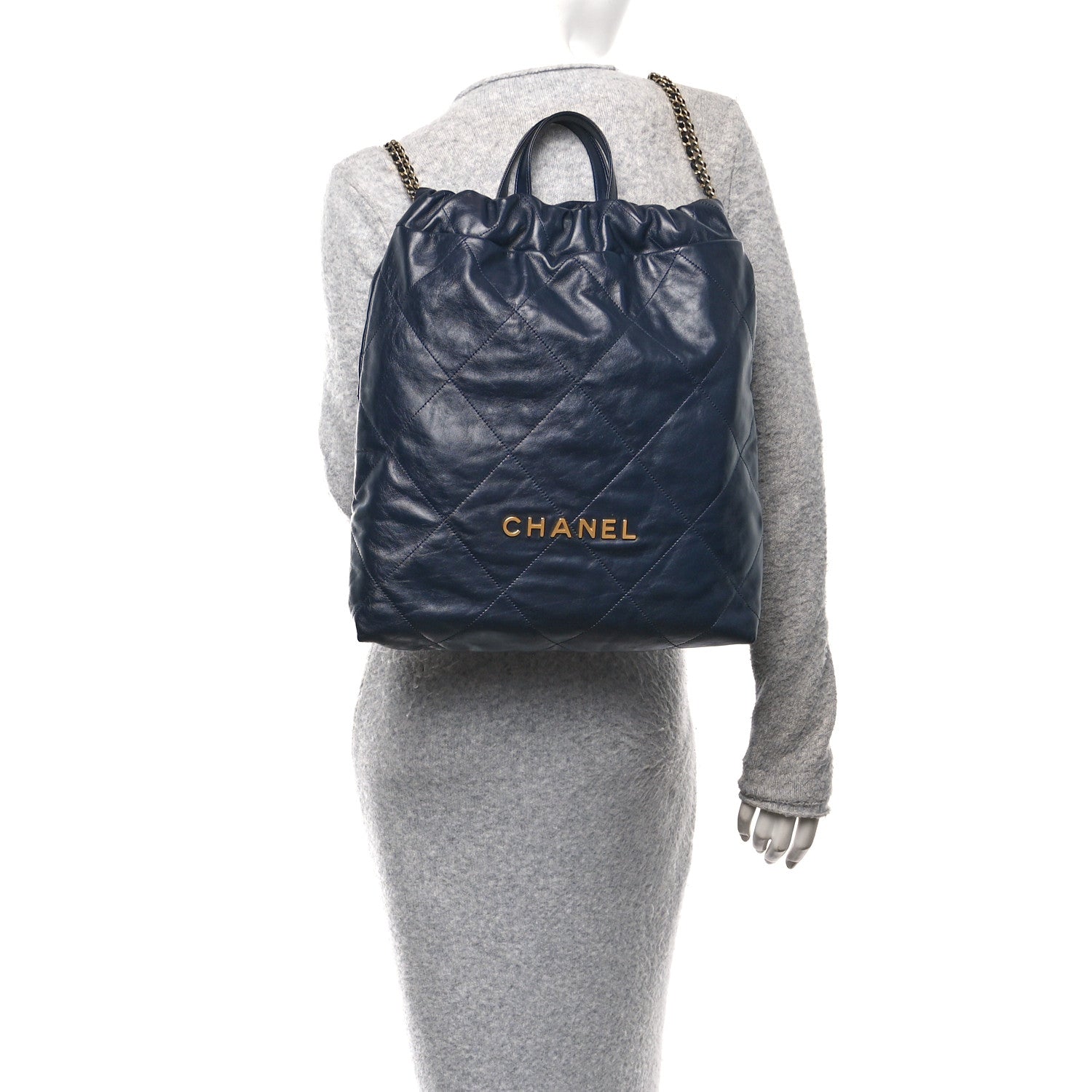 Chanel Shiny Calfskin Quilted Chanel 22 Backpack Dark Blue