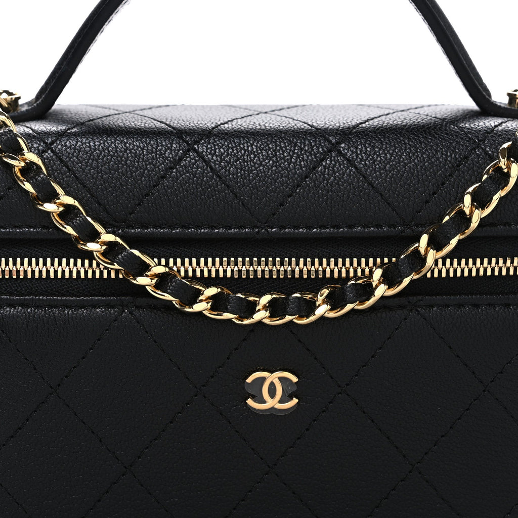 Chanel Goatskin Stitched Top Handle Slim Vanity With Chain Black
