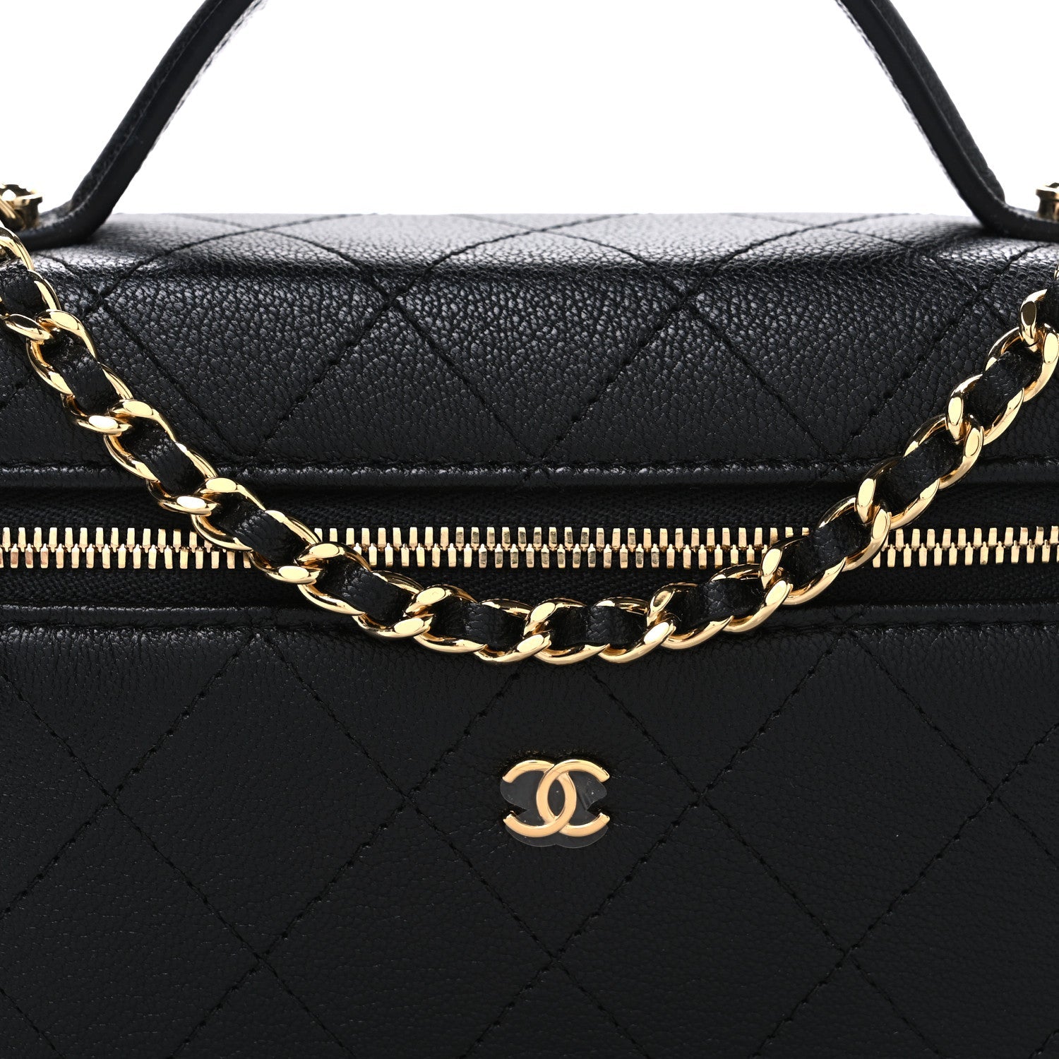 Chanel Goatskin Stitched Top Handle Slim Vanity With Chain Black
