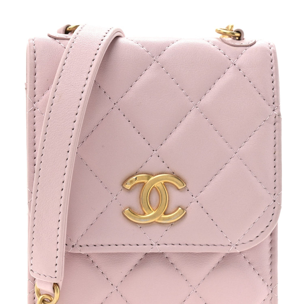 Chanel Lambskin Quilted Pearl Phone Holder With Chain Pink