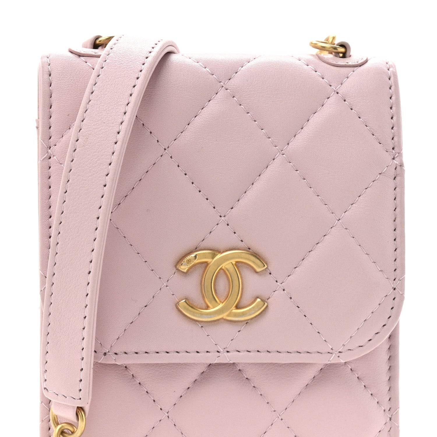 Chanel Lambskin Quilted Pearl Phone Holder With Chain Pink