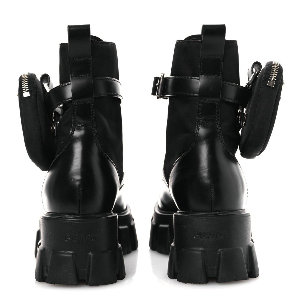 Prada Spazzolato Rois Nylon Metal Triangle Logo Monolith Pouch Pocket 55mm Boots 37 Black