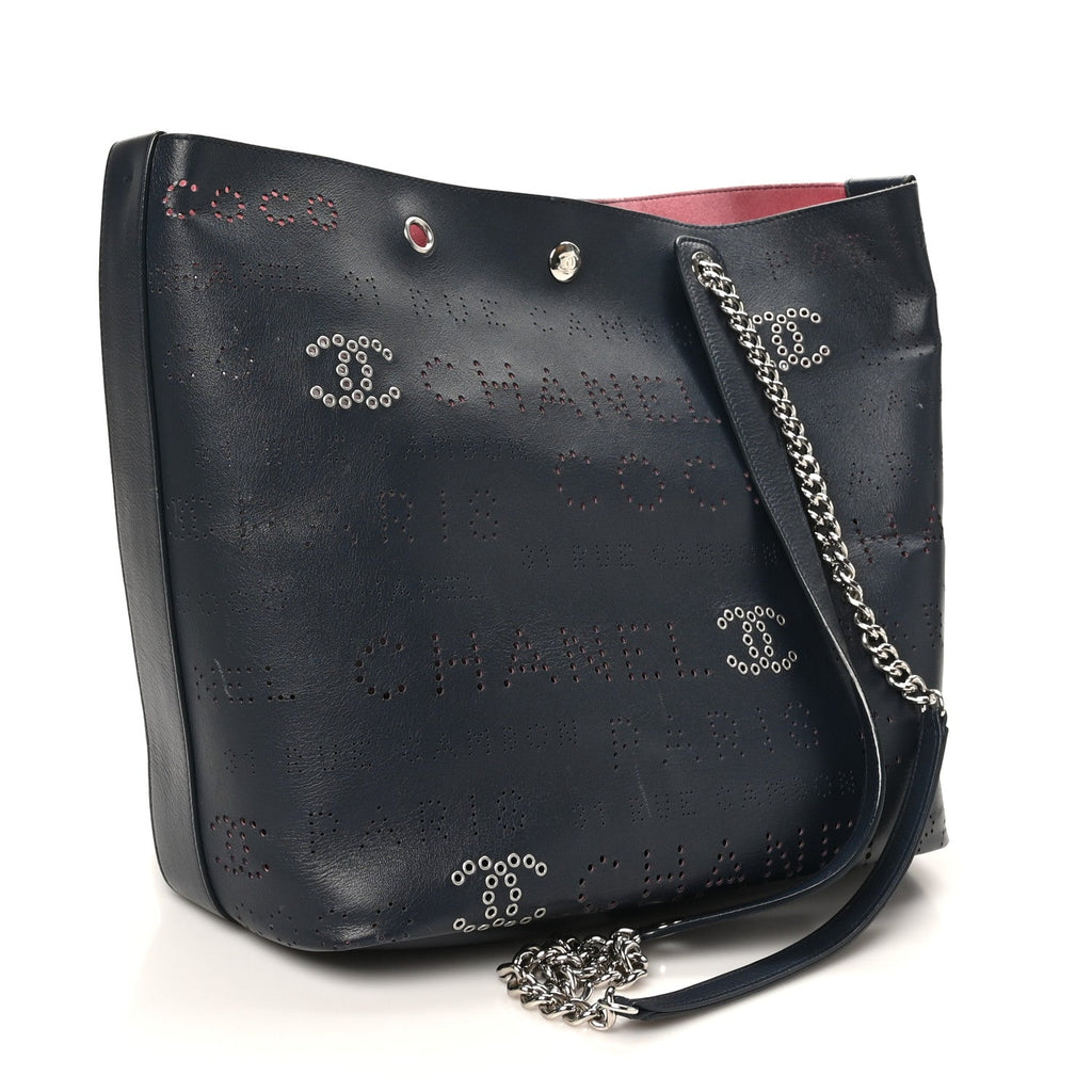 Chanel Calfskin Tweed Small Logo Eyelets Shopping Tote Navy Blue