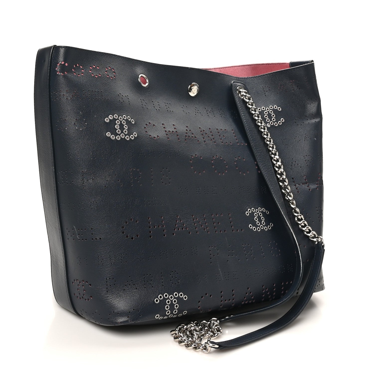 Chanel Calfskin Tweed Small Logo Eyelets Shopping Tote Navy Blue